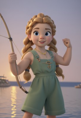 1girl,solo,long hair,looking at viewer,blush,smile,open mouth,blue eyes,blonde hair,dress,holding,twintails,jewelry,standing,braid,:d,outdoors,sky,teeth,sleeveless,water,necklace,blurry,twin braids,flat chest,hands up,bare arms,depth of field,blurry background,feet out of frame,ocean,low twintails,upper teeth only,child,backlighting,freckles,sunset,horizon,female child,overalls,watercraft,boat,fishing rod,bare shoulders,shorts,thick eyebrows,aged down,sun