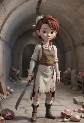 1girl,solo,looking at viewer,short hair,brown hair,hair ornament,long sleeves,dress,holding,brown eyes,closed mouth,standing,full body,weapon,boots,food,socks,sword,indoors,holding weapon,apron,lips,blood,brown footwear,aged down,feathers,knife,child,white apron,female child,mushroom,blush,hairband,holding sword,freckles,male child,egg,dirty,tunic,dirty face,potato