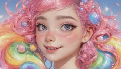 1girl,solo,long hair,looking at viewer,blush,smile,bangs,hair ornament,purple eyes,pink hair,multicolored hair,parted lips,sky,teeth,fang,artist name,lips,grey eyes,eyelashes,makeup,watermark,portrait,close-up,freckles,curly hair,realistic,nose,lip biting,sparkle,gradient hair,floating hair,swept bangs,blue background,wavy hair