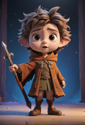 solo,looking at viewer,short hair,open mouth,brown hair,1boy,holding,brown eyes,standing,full body,weapon,male focus,boots,parted lips,pointy ears,belt,hood,holding weapon,brown footwear,polearm,staff,messy hair,child,robe,holding staff,male child,tunic,teeth,sword,chibi,thick eyebrows