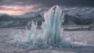 outdoors,sky,cloud,water,tree,no humans,cloudy sky,scenery,snow,ice,rock,mountain,fantasy,landscape,mountainous horizon,1girl,solo,frozen