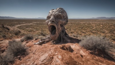 solo,open mouth,red eyes,outdoors,sky,teeth,day,no humans,scenery,monster,realistic,sand,alien,horror (theme),desert,blue sky,rock,kaijuu