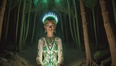 solo,looking at viewer,shirt,1boy,jewelry,upper body,male focus,earrings,outdoors,green hair,necklace,tree,glowing,plant,nature,forest,realistic,bamboo,bamboo forest,1girl,short hair,dark skin,dark-skinned female,night,rock,green theme