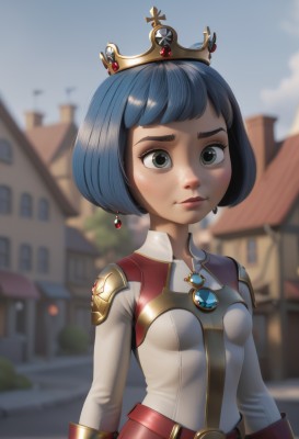 1girl,solo,breasts,looking at viewer,short hair,bangs,long sleeves,jewelry,closed mouth,green eyes,blue hair,upper body,earrings,small breasts,outdoors,sky,day,belt,artist name,blurry,black eyes,blue sky,lips,blurry background,bob cut,crown,brooch,building,gem,freckles,blush,black hair