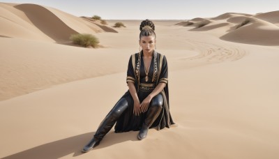 1girl,solo,breasts,looking at viewer,black hair,cleavage,jewelry,medium breasts,sitting,full body,earrings,boots,outdoors,dark skin,necklace,hair bun,dark-skinned female,shadow,single hair bun,sand,desert,long hair,bangs,dress,closed mouth,day,pants,black eyes,black dress,lips,beach,black pants,hoop earrings,realistic,wide shot,on ground,sepia