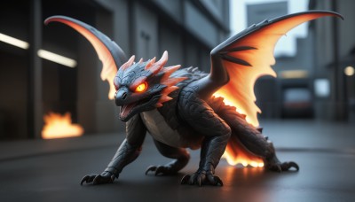 HQ,solo,looking at viewer,open mouth,standing,tail,full body,yellow eyes,outdoors,wings,teeth,blurry,orange eyes,pokemon (creature),no humans,blurry background,glowing,fangs,fire,sharp teeth,building,glowing eyes,motor vehicle,claws,monster,city,dragon,scales,street,kaijuu,night,colored sclera