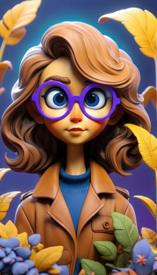 1girl,solo,long hair,looking at viewer,smile,blue eyes,brown hair,closed mouth,jacket,upper body,flower,glasses,artist name,medium hair,sweater,lips,coat,makeup,leaf,watermark,blue background,thick eyebrows,blue shirt,lipstick,eyeshadow,freckles,blue flower,brown jacket,nose,round eyewear,short hair,blonde hair,feathers