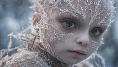 1girl, solo, looking at viewer, brown eyes, closed mouth, outdoors, blurry, tree, lips, depth of field, blurry background, portrait, snow, close-up, realistic, winter