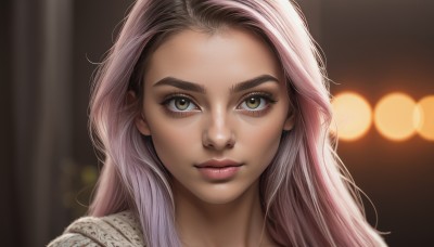 1girl,solo,long hair,looking at viewer,smile,brown eyes,closed mouth,green eyes,pink hair,multicolored hair,blurry,lips,eyelashes,makeup,depth of field,blurry background,portrait,close-up,forehead,eyeshadow,freckles,realistic,nose,bokeh,mascara,yellow eyes,thick eyebrows