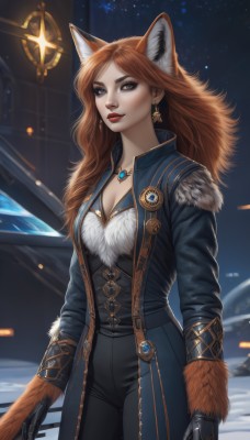 1girl,solo,long hair,breasts,looking at viewer,blue eyes,brown hair,gloves,long sleeves,animal ears,cleavage,brown eyes,jewelry,medium breasts,closed mouth,standing,jacket,tail,cowboy shot,earrings,black gloves,pants,artist name,necklace,lips,coat,fur trim,fox ears,makeup,night,black pants,lipstick,gem,pendant,freckles,red lips,leather,open clothes,orange hair,mole,parted bangs,fox girl,star (sky),realistic,aircraft