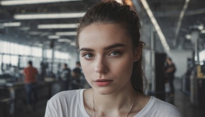 1girl,solo,long hair,looking at viewer,brown hair,shirt,black hair,brown eyes,jewelry,closed mouth,collarbone,white shirt,solo focus,indoors,necklace,mole,blurry,lips,grey eyes,depth of field,blurry background,portrait,forehead,freckles,realistic,ponytail,makeup,nose,red lips,photo background,mole on cheek