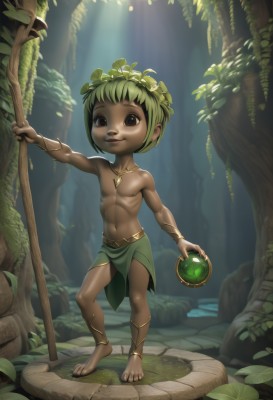 solo,smile,1boy,navel,brown eyes,jewelry,full body,male focus,outdoors,green hair,barefoot,dark skin,necklace,black eyes,tree,leaf,abs,dark-skinned male,staff,child,nature,forest,topless male,male child,head wreath,loincloth,nipples,pectorals