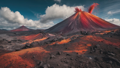 outdoors, sky, day, cloud, blue sky, no humans, cloudy sky, fire, scenery, mountain, landscape, desert