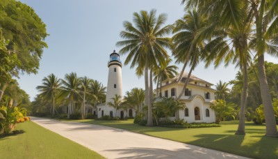 flower,outdoors,sky,day,tree,blue sky,no humans,window,shadow,grass,plant,building,nature,scenery,palm tree,road,bush,shade,house,path,sunlight,sand,tower,church