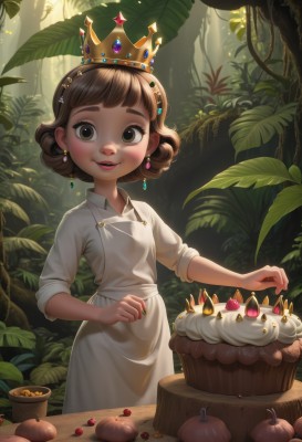 1girl,solo,looking at viewer,smile,short hair,open mouth,bangs,brown hair,hair ornament,dress,brown eyes,jewelry,standing,earrings,outdoors,parted lips,food,teeth,day,white dress,apron,tree,lips,fruit,leaf,table,crown,plant,gem,child,nature,white apron,plate,sleeves rolled up,forest,cake,strawberry,female child,candle,blush,shirt,white shirt,nail polish,green nails,mushroom