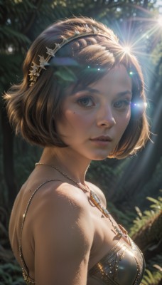 1girl,solo,breasts,looking at viewer,short hair,bangs,brown hair,hair ornament,bare shoulders,brown eyes,jewelry,medium breasts,upper body,hairband,outdoors,parted lips,day,artist name,necklace,mole,blurry,from side,tree,lips,looking to the side,eyelashes,mole under eye,blurry background,leaf,sunlight,gem,nature,lens flare,forest,freckles,realistic,nose,dappled sunlight,green eyes,small breasts,teeth,bra,depth of field,plant,backlighting,gold chain