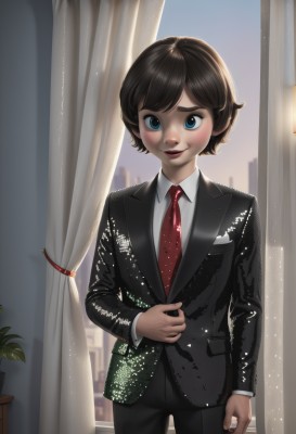 1girl,solo,looking at viewer,blush,smile,short hair,bangs,blue eyes,brown hair,shirt,black hair,long sleeves,1boy,standing,jacket,white shirt,male focus,cowboy shot,necktie,collared shirt,pants,artist name,indoors,lips,black jacket,window,black pants,formal,suit,plant,curtains,red necktie,androgynous,freckles,realistic,potted plant,child,city,male child