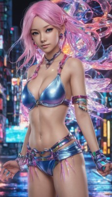 1girl,solo,long hair,breasts,looking at viewer,blue eyes,navel,cleavage,bare shoulders,jewelry,medium breasts,standing,swimsuit,pink hair,bikini,cowboy shot,earrings,wings,shorts,choker,midriff,dark skin,necklace,stomach,nail polish,blurry,bracelet,dark-skinned female,lips,short shorts,blurry background,piercing,ear piercing,blue bikini,armlet,realistic,nose,bangs,hair ornament,closed mouth,braid,outdoors,shiny,artist name,twin braids,fingernails,shiny skin,parted bangs,night,floating hair,watermark,ring,web address,pink nails,city,fairy wings,navel piercing