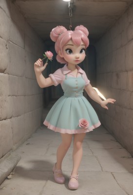 1girl,solo,breasts,short hair,blue eyes,shirt,dress,holding,standing,full body,pink hair,flower,ahoge,short sleeves,shoes,collared shirt,artist name,indoors,hair bun,black eyes,lips,grey eyes,double bun,buttons,blue dress,shadow,rose,short dress,child,pink flower,pink footwear,holding flower,female child,pink rose,alley,looking at viewer,blush,skirt,closed mouth,web address,pink shirt,borrowed character,light bulb