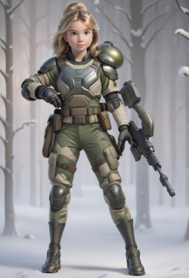 1girl,solo,long hair,looking at viewer,smile,blue eyes,blonde hair,brown hair,gloves,white background,holding,brown eyes,standing,full body,ponytail,weapon,boots,outdoors,holding weapon,armor,blurry,tree,lips,gun,military,shoulder armor,holding gun,nature,rifle,snow,forest,science fiction,snowing,realistic,assault rifle,holster,knee pads,camouflage,winter,submachine gun,bare tree,belt,pouch