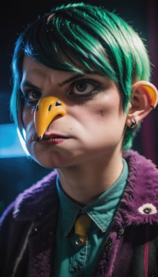 1girl,solo,looking at viewer,short hair,bangs,shirt,brown eyes,jewelry,closed mouth,jacket,upper body,earrings,parted lips,green hair,necktie,collared shirt,black eyes,lips,fur trim,makeup,buttons,swept bangs,bird,piercing,ear piercing,portrait,freckles,injury,realistic,nose,green shirt,stud earrings,very short hair,eyelashes,formal,suit