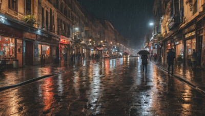 1girl, outdoors, sky, dutch angle, night, umbrella, ground vehicle, building, scenery, reflection, walking, rain, city, sign, road, cityscape, lamppost, street, puddle, city lights, people, pavement, vanishing point