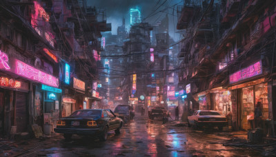 outdoors, sky, signature, no humans, night, ground vehicle, building, scenery, motor vehicle, science fiction, rain, city, sign, car, road, cityscape, dark, power lines, street, skyscraper, city lights, cyberpunk, neon lights