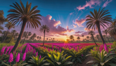 flower, outdoors, sky, cloud, tree, no humans, cloudy sky, grass, plant, star (sky), nature, scenery, sunset, palm tree, field, gradient sky