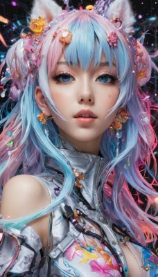 1girl,solo,long hair,breasts,looking at viewer,bangs,blue eyes,hair ornament,animal ears,cleavage,bare shoulders,jewelry,medium breasts,blue hair,upper body,pink hair,flower,multicolored hair,earrings,parted lips,teeth,cat ears,hair flower,two-tone hair,lips,animal ear fluff,clothing cutout,eyelashes,gradient hair,makeup,floral print,cleavage cutout,lipstick,zipper,freckles,realistic,nose,hairclip,artist name,hair bun,double bun,wolf ears,black background,portrait,pink flower