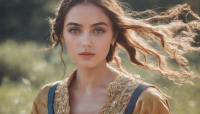 1girl,solo,long hair,looking at viewer,brown hair,brown eyes,jewelry,collarbone,upper body,earrings,outdoors,parted lips,blurry,lips,grey eyes,eyelashes,floating hair,depth of field,blurry background,wavy hair,wind,portrait,realistic,nose,dress,thick eyebrows