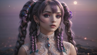 1girl,solo,long hair,bangs,blue eyes,black hair,hair ornament,bare shoulders,jewelry,upper body,purple hair,braid,multicolored hair,earrings,outdoors,parted lips,sleeveless,hairclip,artist name,blurry,twin braids,lips,eyelashes,makeup,night,depth of field,blurry background,moon,brooch,gem,portrait,eyeshadow,freckles,realistic,nose,mascara,multiple braids,looking at viewer,brown hair,dress,sky,teeth,necklace,thick eyebrows,lipstick,lace,lens flare,eyeliner,bokeh