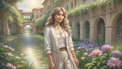 1girl,solo,long hair,breasts,looking at viewer,smile,blue eyes,blonde hair,brown hair,shirt,hair ornament,cleavage,brown eyes,jewelry,medium breasts,closed mouth,standing,jacket,white shirt,flower,cowboy shot,earrings,outdoors,open clothes,sky,day,belt,pants,hair flower,water,necklace,open jacket,tree,lips,window,buttons,wavy hair,sunlight,grass,light smile,plant,building,nature,scenery,pendant,light rays,realistic,white pants,arms at sides,sun,brown belt,sunbeam,house,river,lily pad,arch,collarbone,church