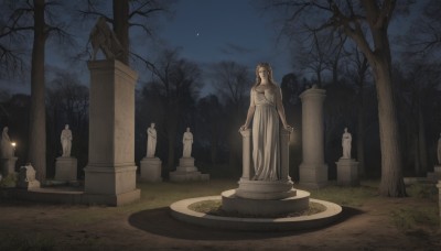 1girl,solo,long hair,brown hair,dress,outdoors,sky,tree,night,moon,grass,nature,night sky,scenery,forest,candle,crescent moon,pillar,bare tree,statue,tombstone,graveyard,column,grave,breasts,white dress,bush,stone lantern