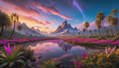 flower, outdoors, sky, cloud, water, tree, no humans, plant, star (sky), nature, scenery, starry sky, reflection, fish, sunset, mountain, palm tree, mountainous horizon, lake, shooting star