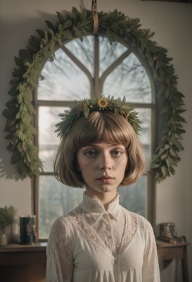 1girl,solo,looking at viewer,short hair,bangs,blue eyes,brown hair,shirt,hair ornament,long sleeves,closed mouth,white shirt,upper body,flower,day,artist name,indoors,blunt bangs,blurry,tree,lips,window,expressionless,bob cut,plant,lace trim,lace,realistic,nose,head wreath,wreath