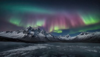 outdoors,sky,water,blurry,tree,no humans,night,star (sky),nature,night sky,scenery,snow,starry sky,reflection,rock,mountain,landscape,lake,aurora,monochrome