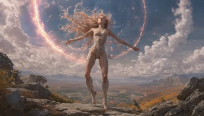 1girl,solo,long hair,breasts,brown hair,bare shoulders,medium breasts,standing,outdoors,sky,barefoot,day,cloud,dark-skinned female,floating hair,cloudy sky,outstretched arms,wind,scenery,floating,rock,mountain,fantasy,spread arms,landscape,blonde hair,closed mouth,full body,tree,wavy hair,looking away,looking up,star (sky),starry sky,flying,looking afar