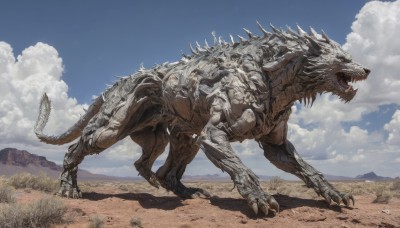 solo,open mouth,red eyes,standing,tail,outdoors,sky,teeth,day,cloud,blue sky,no humans,fangs,cloudy sky,grass,sharp teeth,scenery,claws,spikes,monster,desert,dinosaur,animal,fantasy