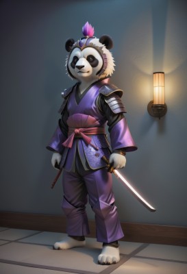 solo,looking at viewer,smile,long sleeves,1boy,hat,holding,animal ears,closed mouth,standing,full body,weapon,male focus,japanese clothes,barefoot,alternate costume,pants,sword,indoors,kimono,holding weapon,armor,mask,holding sword,katana,shoulder armor,sheath,furry,lantern,japanese armor,furry male,shoulder pads,purple pants,white hair,white fur,bear ears,panda