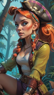 1girl,solo,long hair,breasts,looking at viewer,blue eyes,skirt,shirt,hat,cleavage,jewelry,medium breasts,sitting,braid,red hair,earrings,outdoors,parted lips,open clothes,teeth,belt,necklace,orange hair,twin braids,tree,lips,eyelashes,makeup,freckles,nose,pirate hat,pirate,skull and crossbones,tricorne,long sleeves,jacket,white shirt,boots,shorts,miniskirt,blurry,open jacket,blurry background,nature,forest,purple skirt,realistic,brown belt,purple shorts