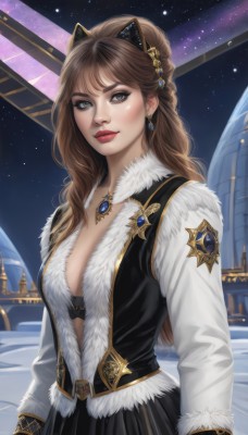 1girl,solo,long hair,breasts,looking at viewer,bangs,skirt,brown hair,hair ornament,long sleeves,animal ears,cleavage,brown eyes,jewelry,medium breasts,closed mouth,underwear,upper body,braid,earrings,sky,cat ears,black skirt,necklace,bra,vest,lips,fur trim,makeup,night,fake animal ears,lipstick,black bra,gem,star (sky),night sky,pendant,starry sky,realistic,nose,red lips,jacket,pleated skirt,hairband,outdoors,open clothes