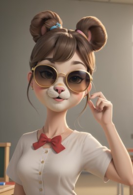 1girl,solo,breasts,looking at viewer,blush,smile,short hair,bangs,brown hair,shirt,hair ornament,bow,animal ears,brown eyes,jewelry,school uniform,white shirt,upper body,short sleeves,earrings,small breasts,parted lips,glasses,teeth,artist name,indoors,hand up,bowtie,necklace,hair bun,blurry,red bow,lips,fingernails,double bun,buttons,blurry background,sunglasses,red bowtie,desk,freckles,mouse ears,round eyewear,classroom,tinted eyewear,bear ears,yellow-framed eyewear,buck teeth,single hair bun,thick eyebrows,realistic,nose