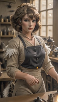 1girl,solo,breasts,looking at viewer,short hair,bangs,brown hair,shirt,long sleeves,brown eyes,jewelry,standing,cowboy shot,indoors,necklace,blurry,apron,lips,window,depth of field,blurry background,table,feathers,grey shirt,realistic,nose,red lips,overalls,kitchen,counter,blush,medium breasts,collarbone,parted lips,backlighting,freckles