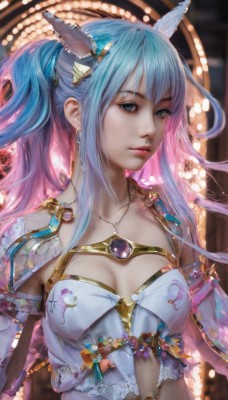 1girl,solo,long hair,breasts,looking at viewer,bangs,blue eyes,hair ornament,navel,animal ears,cleavage,jewelry,medium breasts,blue hair,upper body,ponytail,pink hair,sidelocks,multicolored hair,earrings,parted lips,detached sleeves,necklace,blurry,lips,see-through,clothing cutout,blurry background,gem,realistic,closed mouth,collarbone,small breasts,midriff,artist name,armor,eyelashes,gradient hair,piercing,fantasy