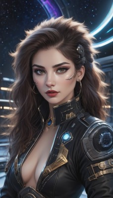 1girl,solo,long hair,breasts,looking at viewer,brown hair,hair ornament,cleavage,brown eyes,jewelry,medium breasts,closed mouth,jacket,upper body,earrings,open clothes,choker,artist name,lips,eyelashes,no bra,bodysuit,makeup,night,wavy hair,lipstick,star (sky),forehead,science fiction,curly hair,hoop earrings,realistic,nose,center opening,unzipped,red lips,eyeliner,space,necklace,mole,black jacket,eyeshadow,zipper,cyberpunk