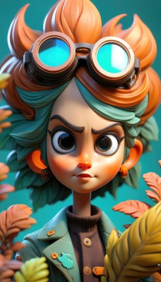 1girl,solo,looking at viewer,short hair,jewelry,closed mouth,green eyes,jacket,upper body,earrings,green hair,open clothes,artist name,orange hair,blurry,black eyes,sweater,open jacket,lips,buttons,depth of field,turtleneck,leaf,watermark,blue background,plant,goggles,portrait,freckles,goggles on head,denim jacket,blue eyes,simple background,parted lips,spiked hair,web address,aqua background