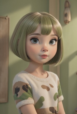 1girl,solo,looking at viewer,smile,short hair,bangs,blonde hair,shirt,closed mouth,white shirt,upper body,short sleeves,artist name,indoors,blurry,black eyes,lips,grey eyes,eyelashes,blurry background,bob cut,animal print,child,freckles,nose,female child,print shirt,blue eyes,collarbone,green hair,fur trim,watermark,realistic,green shirt