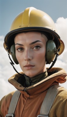 1girl,solo,looking at viewer,short hair,brown hair,black hair,1boy,brown eyes,jacket,upper body,male focus,sky,day,cloud,signature,hood,blue sky,lips,helmet,portrait,zipper,freckles,realistic,nose,parted lips,headphones,headset