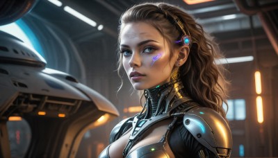 HQ,1girl,solo,long hair,breasts,looking at viewer,blue eyes,brown hair,cleavage,brown eyes,jewelry,medium breasts,upper body,hairband,earrings,parted lips,indoors,armor,blurry,lips,bodysuit,makeup,facial mark,science fiction,realistic,nose,facial tattoo,cyborg,hair pulled back,power armor,from side,eyelashes,wavy hair,robot,portrait,curly hair,facepaint,dirty,cyberpunk