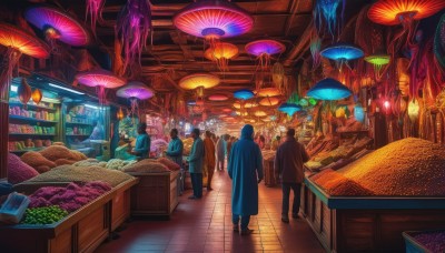 multiple girls,hat,standing,food,multiple boys,indoors,hood,bag,from behind,coat,chair,table,scenery,walking,6+boys,lantern,fantasy,mushroom,shop,ceiling,glowing,umbrella,science fiction,city,multiple others,people,6+others